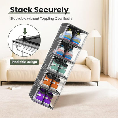 ALCCB Thicken Hard Clear Shoe Storage Organizer for Closet, 10 Pack Modular Plastic Stackable Shoe Storage Box Organizer, Shoe Sneaker Rack Display Case Containers Bins with Lids, Black Clear