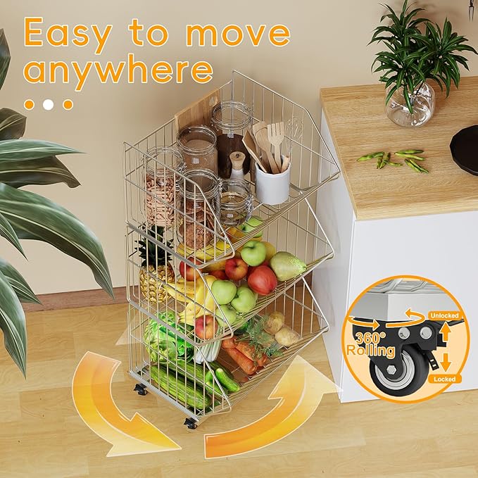 Standing Metal Shelving Unit, Removable Wire Storage Basket with Wheels, Folding Shoe Racks, Clothing Sweaters Shoes Handbags Organizer for Kitchen Garage Pantry Porch (4-Tier with Base)