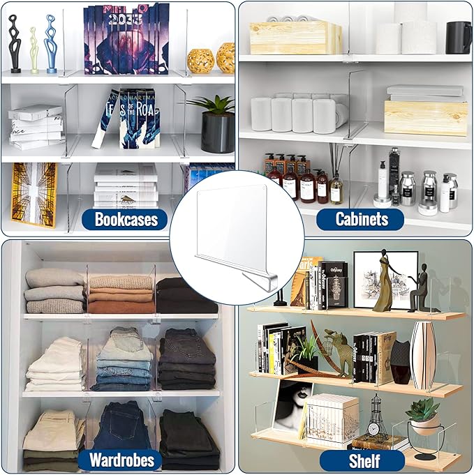 6 Pack Clear Acrylic Shelf Dividers for Closet Shelf Organizer of Bedroom Kitchen Office Bathroom Organizer for Clothes Books Hats and Handbags