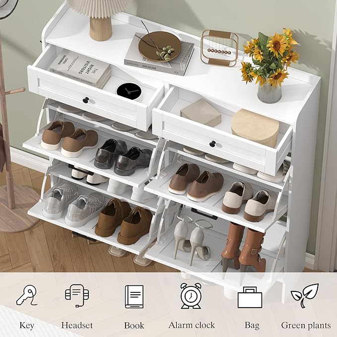 Shoe Cabinet with 4 Flip Drawers & 2 Storage Drawers, Rustic Farmhouse Narrow Shoe Organizer Cabinet, Slim Shoe Rack Cabinet, Shoe Storage Cabinet for Entryway, Hallway, Front Door