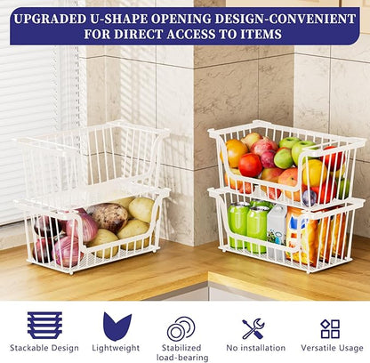 4 Pack Enhanced Leak-Proof Bottom Stackable Wire Baskets, Pantry Organizers and Storage, Pantry Storage，Shelf Baskets, Fruit Basket, Potato and Onion Storage Bins，(White)
