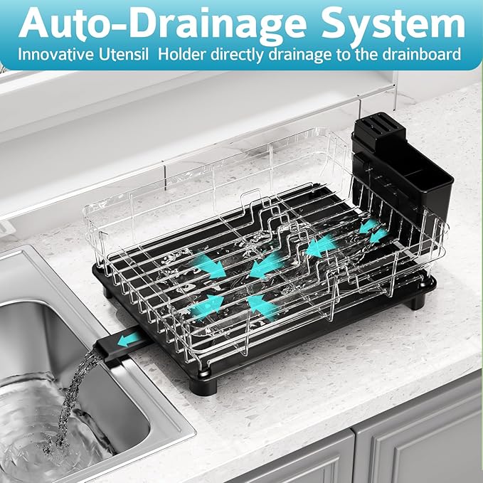 Ricobes Dish Drying Rack - Space Saving Dish Rack - Dish Racks for Kitchen Counter with Drainboard,Rustproof Dish Drainer with Removable Utensil Holder,Black