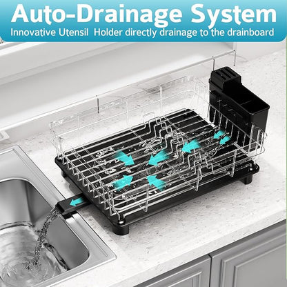 Ricobes Dish Drying Rack - Space Saving Dish Rack - Dish Racks for Kitchen Counter with Drainboard,Rustproof Dish Drainer with Removable Utensil Holder,Black