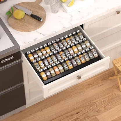 Wobmmi Expandable Metal Spice Drawer Organizer,3-Tier Slanted Seasoning Jars Tray for Kitchen Cabinet Drawers Insert/Countertop (Jars not included)-3Tier,2packs/Black