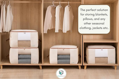 Chaos Cleared Canvas Storage Bags Designer Organizer for Comforters 2 Pack – Seasonal Storage for Pillows, Blankets, Linens & Garments – Foldable Design with Zip & Window, Moth-Proof Space Saver
