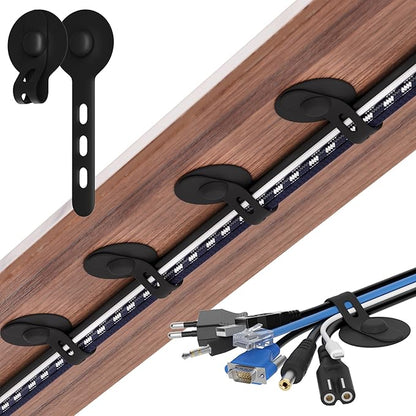 Nearockle Cable Management Under Desk, Adjustable Self-Adhesive Silicone Cable Ties Cord Organizer, Reusable Heavy-Duty Cord Holder Under Table for Office, Home, School (20Pcs-Black)