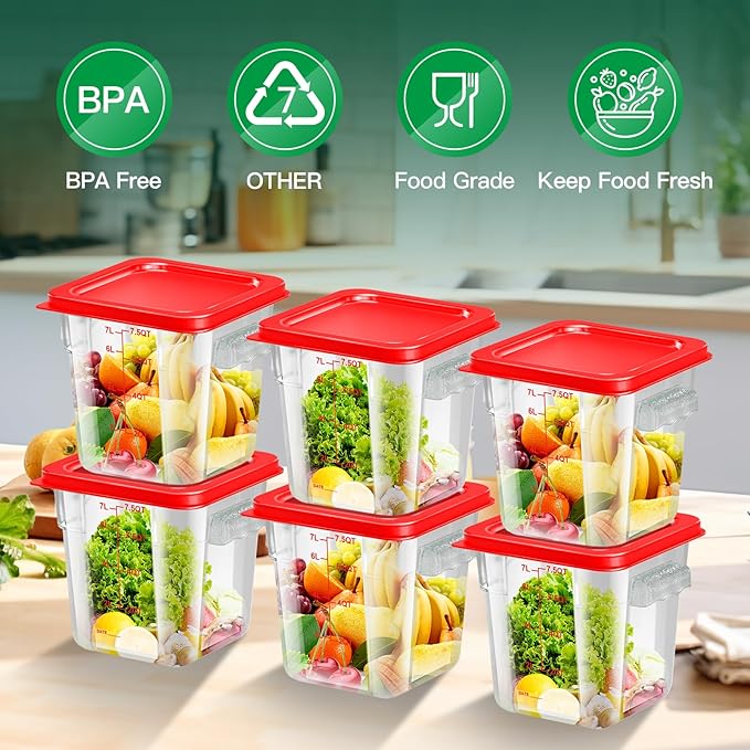 FeyBuosk 4 pcs 8qt Food Storage Containers with Lid, Square Clear Commercial Food Storage Containers with Handle and Scale for Food Storage in Home Kitchen & Dining (Red)