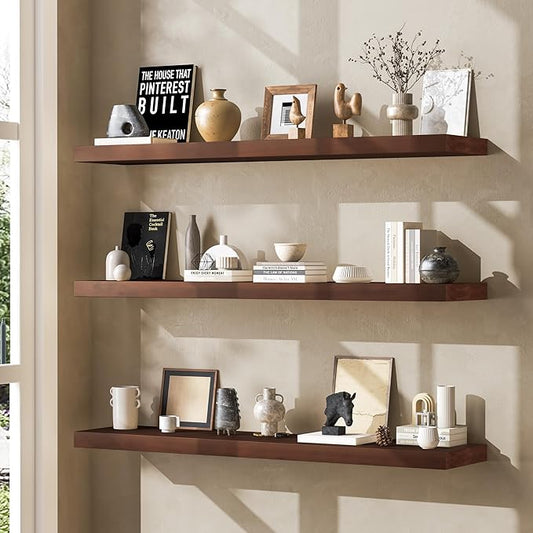 Floating Shelves 36 Inches Long - 8 Inch Deep Rustic Solid Pine Wood for Storage - Farmhouse Wall Mounted for Living Room - Heavy-Duty Metal Bracket - 36" W x 8" D - Set of 2 - American Walnut Color