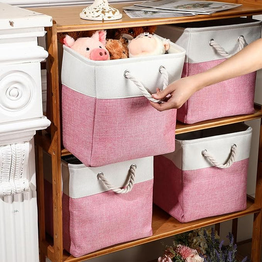 meekoo 8 Pack Collapsible Storage Bins Fabric Storage Bins Polyester Fabric Baskets with Handles Linen Closet Organizer for Shelf Home Closet Towels Toys(12 x 12 x 12 in,Pink White)