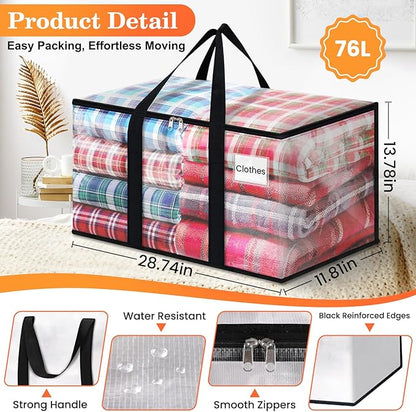 Extra Large Heavy Duty Moving Bags, Storage Bags with Strong Zippers & Handles, Packing Bags for Moving Essentials, Ideal Storage Tote for Home, Dorm & Storage Solutions, 76L, 4 Packs, Clear