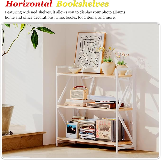 UDD No Assembly Wide Folding Bookshelf, 34" H x 30.9" W, 3 Tier Foldable Book Shelf Industrial Bookcase, Vintage Collapsible Storage Shelves for Home Office Living Room Bedroom, Light Oak White