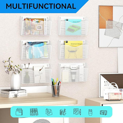 6 Single Pocket Wall File Holder, Mesh Hanging File Folder Paper Organizer, Vertical Wall Mounted Mail Basket, Storage Organization Magazine Rack for Office, Home and School, White