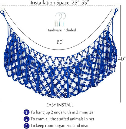 Stuffed Animal Storage Hanging Net or Hammock for Stuffed Animals Handmade Macrame Toy Hammock Plush Toy Hammock Organizer (Blue)