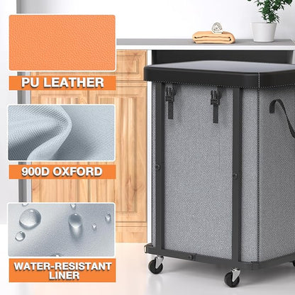 150L (40 Gal) Large Fashion Laundry Basket with Wheels, Leather Patchwork Rolling Hamper Carts, Sturdy Metal Frame, Removable Washable Bag, Tall Clothes Sorter for Bedroom, Laundry Room - Gary