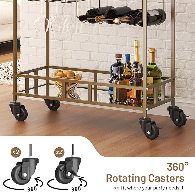 TrailBlaze Gold Mirrored 2-Tier Rolling Bar Cart – Beverage & Wine Service Trolley with 4 Bottle Racks & 3 Glass Holders – Compact Metal Design for Home, Kitchen, Dining, Living Room – 34x15x35in