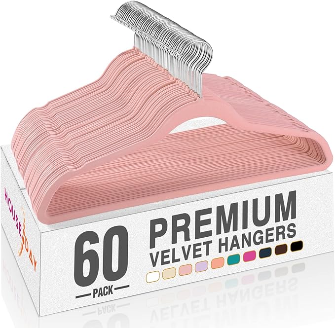 HOUSE DAY Lt Pink Velvet Hangers 60 Pack, Non Slip Clothes Felt Hanger Heavy Duty for Coat, Premium Slim Space Saving Suit Hangers for Closet Organizer, 360° Rotating Silver Hook