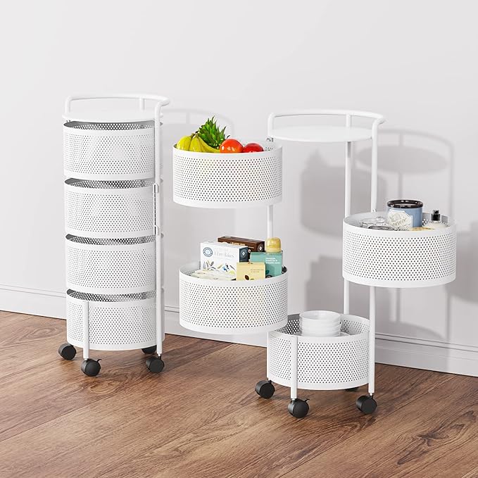 JAQ Rotating Storage Carts No Assembly, 4-Tier Round Storage Basket Rack Shelf Organizer on Rolling Wheels for Fruit Vegetables Grocery Corns Potato Onion Snack in Kitchen Pantry (4-Tier, White)