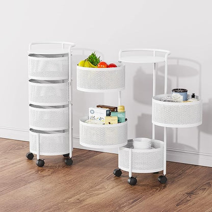 JAQ Rotating Storage Carts No Assembly, 4-Tier Round Storage Basket Rack Shelf Organizer on Rolling Wheels for Fruit Vegetables Grocery Corns Potato Onion Snack in Kitchen Pantry (4-Tier, White)