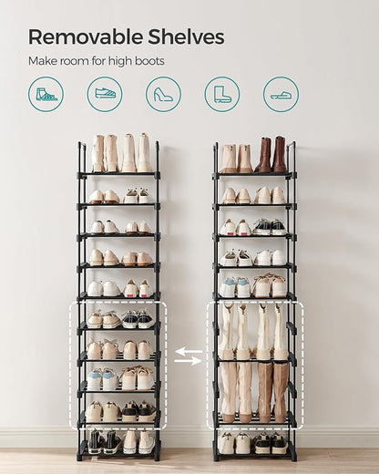 SONGMICS Shoe Rack, 10-Tier Shoe Organizer, Metal Storage Shelf, Upright or Upside Down, for 11-22 Pairs, for Entryway, 11.8 x 17.7 x 68.5 Inches, Black ULSA25BK