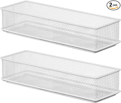 YBM HOME White Mesh Drawer Cabinet and or Shelf Organizer Bins, School Supply Holder Office Desktop Organizer Basket (2, 3x9x2 Inch)