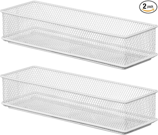 YBM HOME White Mesh Drawer Cabinet and or Shelf Organizer Bins, School Supply Holder Office Desktop Organizer Basket (2, 3x9x2 Inch)