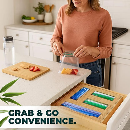 Bamboo Storage Bag Organizer for Kitchen Drawer – Foil & Plastic Bag Organizer for Drawer – Ideal for Foil and Plastic Wrap | Gallon, Quart, Sandwich, Snack Bags, Baggie Holder