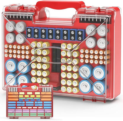 Battery Organizer Storage Holder Box Case with Tester, 185+ Batteries Double-Sided Variety Pack, Holds AA AAA 4A C D Cell 9V 3V Lithium LR44 CR2 CR123 CR1632 18650 Button - Red
