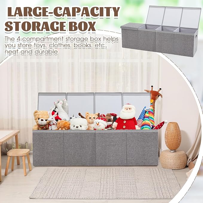 Patelai Extra Large Toy Box Chest with Lids 4/3 Grids Large Chest Collapsible Kids Toy Storage Baskets Gifts for Boys Girls Living Room Nursery Playroom(49.2 x 13 x 15.7'',Gray)