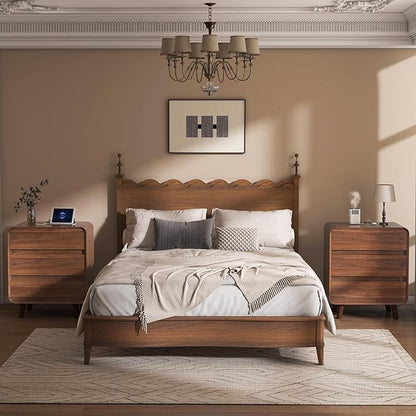 Nasonet Tall Nightstand with Charging Station, Mid Century Modern Nightstands with 3 Storage Drawers, Curved Wood Night Stands for Bedrooms, Walnut