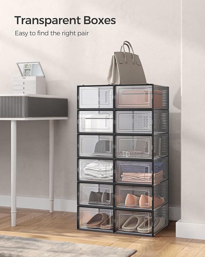 SONGMICS Shoe Boxes, Pack of 24 Shoe Storage Organizers, Stackable Clear Plastic Boxes for Closet, Sneakers, 13.1 x 9.1 x 5.6 Inches, Transparent and Black ULSP906B12
