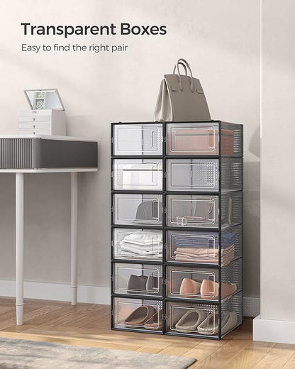 SONGMICS Shoe Boxes, Pack of 24 Shoe Storage Organizers, Stackable Clear Plastic Boxes for Closet, Sneakers, 13.1 x 9.1 x 5.6 Inches, Transparent and Black ULSP906B12
