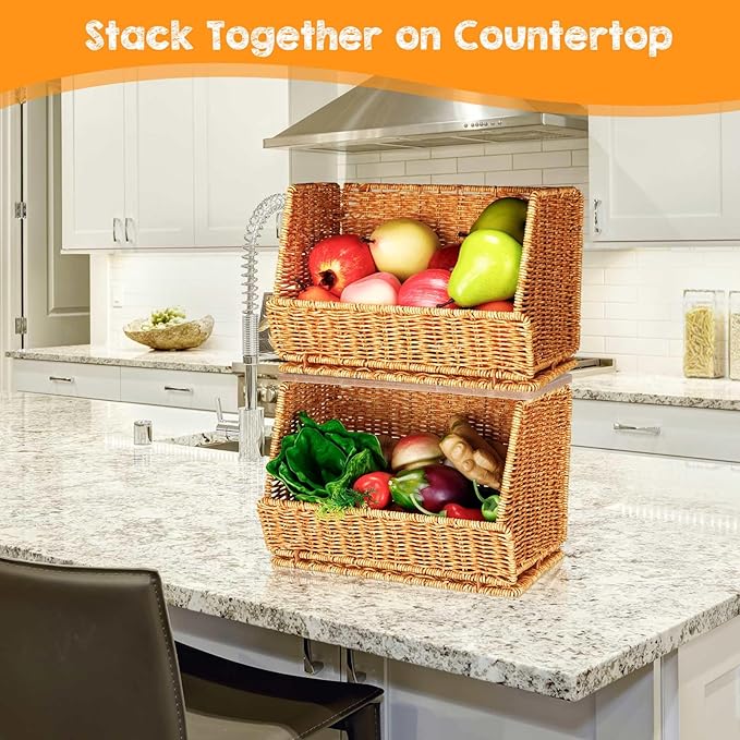 2 Tier Fruit Basket for Kitchen Counter Stackable Wall Mounted Hanging Basket Wicker Hanging Baskets with Wood Lid for Onion Fruit Vegetable Storage