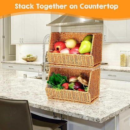 2 Tier Fruit Basket for Kitchen Counter Stackable Wall Mounted Hanging Basket Wicker Hanging Baskets with Wood Lid for Onion Fruit Vegetable Storage