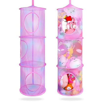 Basumee Stuffed Animals Net or Hammock 2 Pcs Stuffed Animals Storage Toy Net Hammock for Plushies Storage Organizer Mesh Kids Girls Room Decor, Pink, 3 Tiers