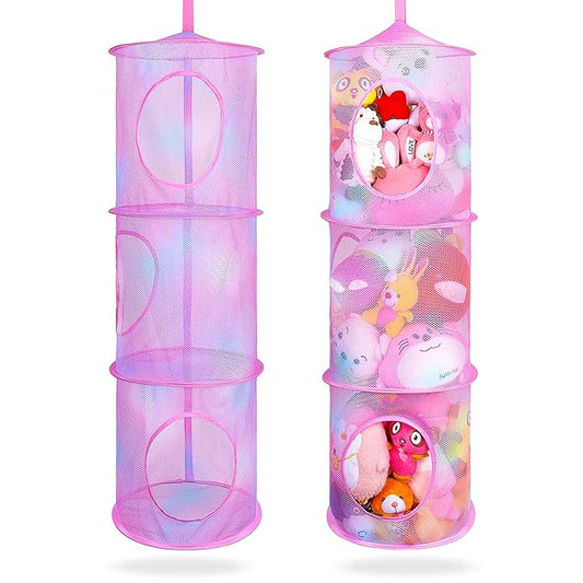 Basumee Stuffed Animals Net or Hammock 2 Pcs Stuffed Animals Storage Toy Net Hammock for Plushies Storage Organizer Mesh Kids Girls Room Decor, Pink, 3 Tiers