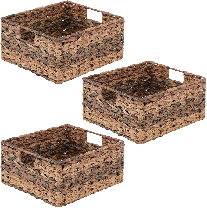 mDesign Woven Farmhouse Kitchen Pantry Food Storage Organizer Basket Bin Box - Container Organization for Cabinets, Cupboards, Shelves, Countertops - Store Potatoes, Onions, Fruit, 3 Pack, Brown Ombre