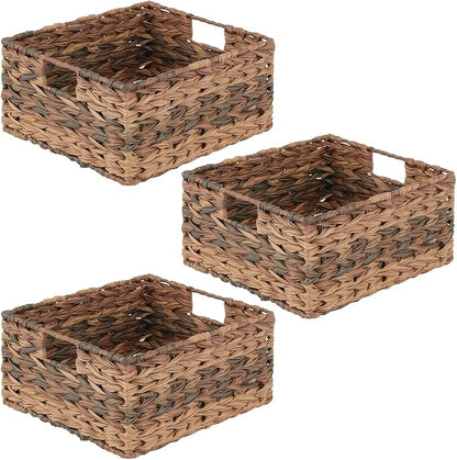 mDesign Woven Farmhouse Kitchen Pantry Food Storage Organizer Basket Bin Box - Container Organization for Cabinets, Cupboards, Shelves, Countertops - Store Potatoes, Onions, Fruit, 3 Pack, Brown Ombre