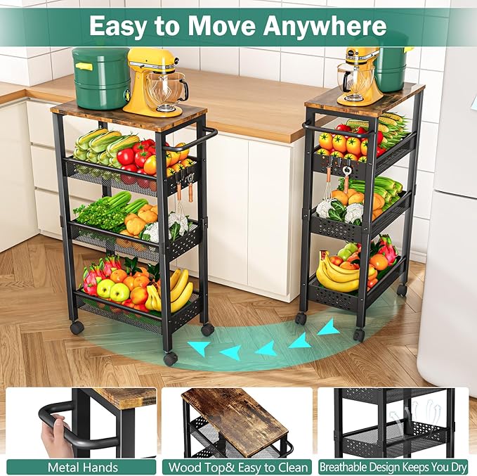 Utility Slim Storage Cart with Wheels, 4-Tier Narrow Rolling Organizer Shelf with Wood Top, Metal Storage Rack and Space-Saving Organizer for Bathroom, Kitchen, Laundry Room, Small Spaces