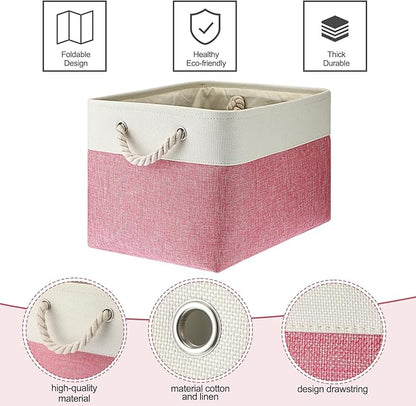 meekoo 8 Pack Collapsible Storage Bins Fabric Storage Bins Polyester Fabric Baskets with Handles Linen Closet Organizer for Shelf Home Closet Towels Toys(15 x 11 x 9.5 in,Pink White)