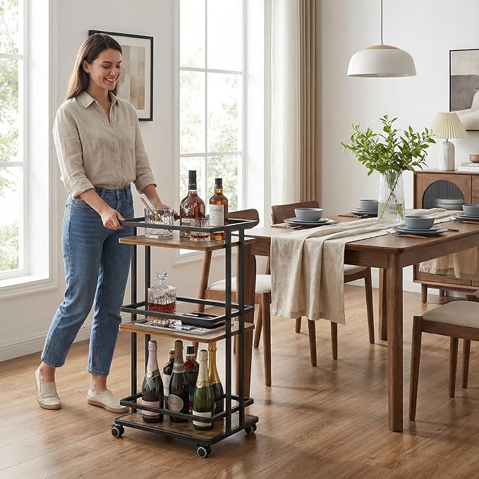 Bar Carts for The Home with Wheels, 3 Tier Beverage Bar Cart with Storage Shelves, Coffee Bar Cabinet for Your Home Entertainment