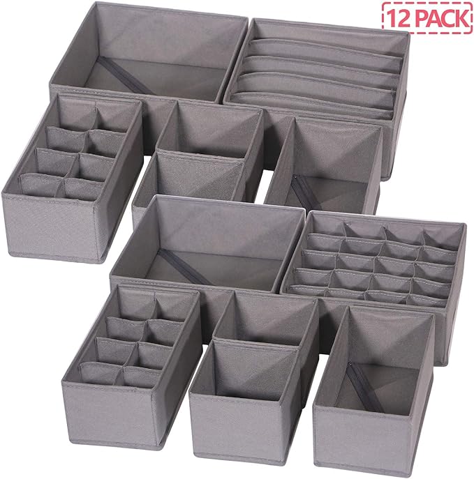 DIOMMELL 12 Pack Foldable Cloth Storage Box Closet Dresser Drawer Organizer Fabric Baskets Bins Containers Divider for Baby Clothes Underwear Bras Socks Lingerie Clothing,M Grey 11-2224