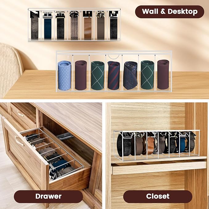 SIKWO Acrylic Belt Organizer with Separated Cover, 7 Compartment Clear Storage Case for Belts, Ties & Bow Ties | Closet & Drawer Display Holder for Men & Women Dust-proof Rack