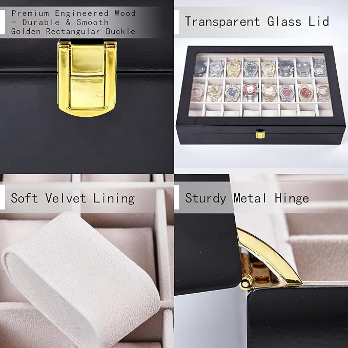 Baojulong 24-Slot Black Wooden Watch Box, Watch Organizer with Clear Lid, Ideal for Watches