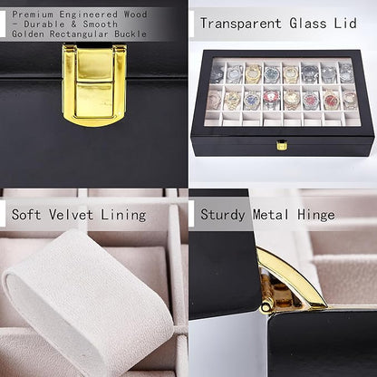 Baojulong 24-Slot Black Wooden Watch Box, Watch Organizer with Clear Lid, Ideal for Watches