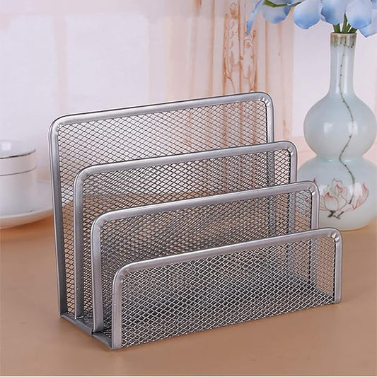VANRA 2 Small Letter Sorters Desktop File Holder Organizer Metal Mesh with 3 Vertical Upright Compartments (2 Silver)