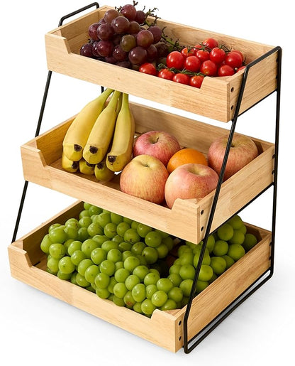 3-Tier Wooden Fruit Basket – Rubberwood Countertop Produce Storage with Metal Frame – Minimal Scandinavian Design Fruit Stand for Kitchen Counter, Space-Saving Tiered Basket Organizer