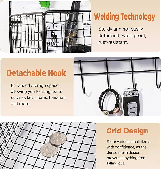 Metal Hanging Baskets 2-Pack - Wire Wall Storage Organizer with Hooks, Adhesive Shelves for Kitchen, Bathroom, Pantry (Spice Rack, Cabinet Organizer, Shower Caddy) Garage RV Black