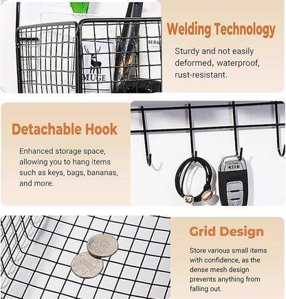 Metal Hanging Baskets 2-Pack - Wire Wall Storage Organizer with Hooks, Adhesive Shelves for Kitchen, Bathroom, Pantry (Spice Rack, Cabinet Organizer, Shower Caddy) Garage RV Black