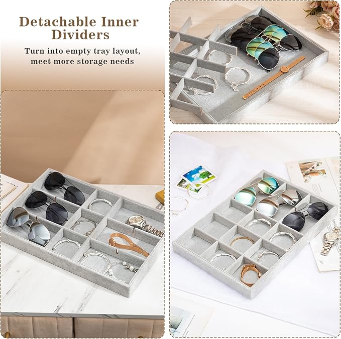 Polmart Stackable 15-Grid Jewelry Organizer/Storage/Display Trays, Gray Velvet (2-Pack)