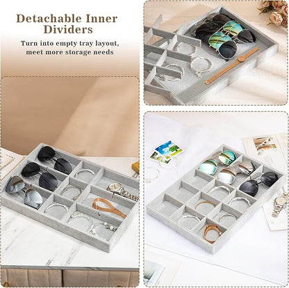 Polmart Stackable 15-Grid Jewelry Organizer/Storage/Display Trays, Gray Velvet (2-Pack)